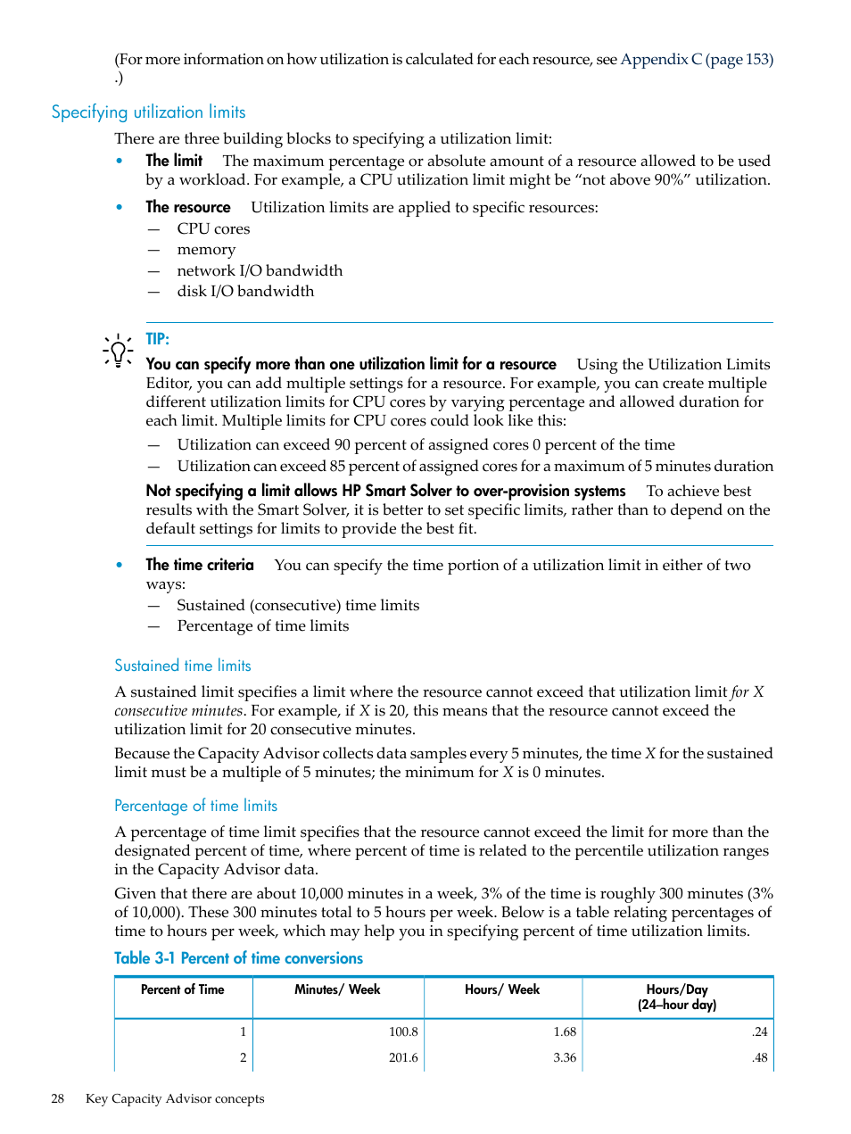 Specifying utilization limits, Sustained time limits, Percentage of time limits | Sustained time limits percentage of time limits | HP Matrix Operating Environment Software User Manual | Page 28 / 198