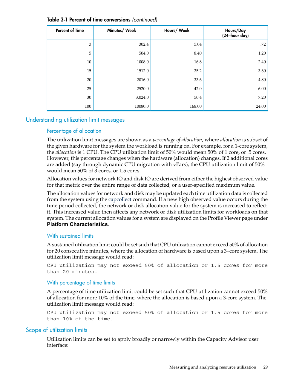 Understanding utilization limit messages, Percentage of allocation, With sustained limits | With percentage of time limits, Scope of utilization limits, Percentage of allocation with sustained limits | HP Matrix Operating Environment Software User Manual | Page 29 / 198