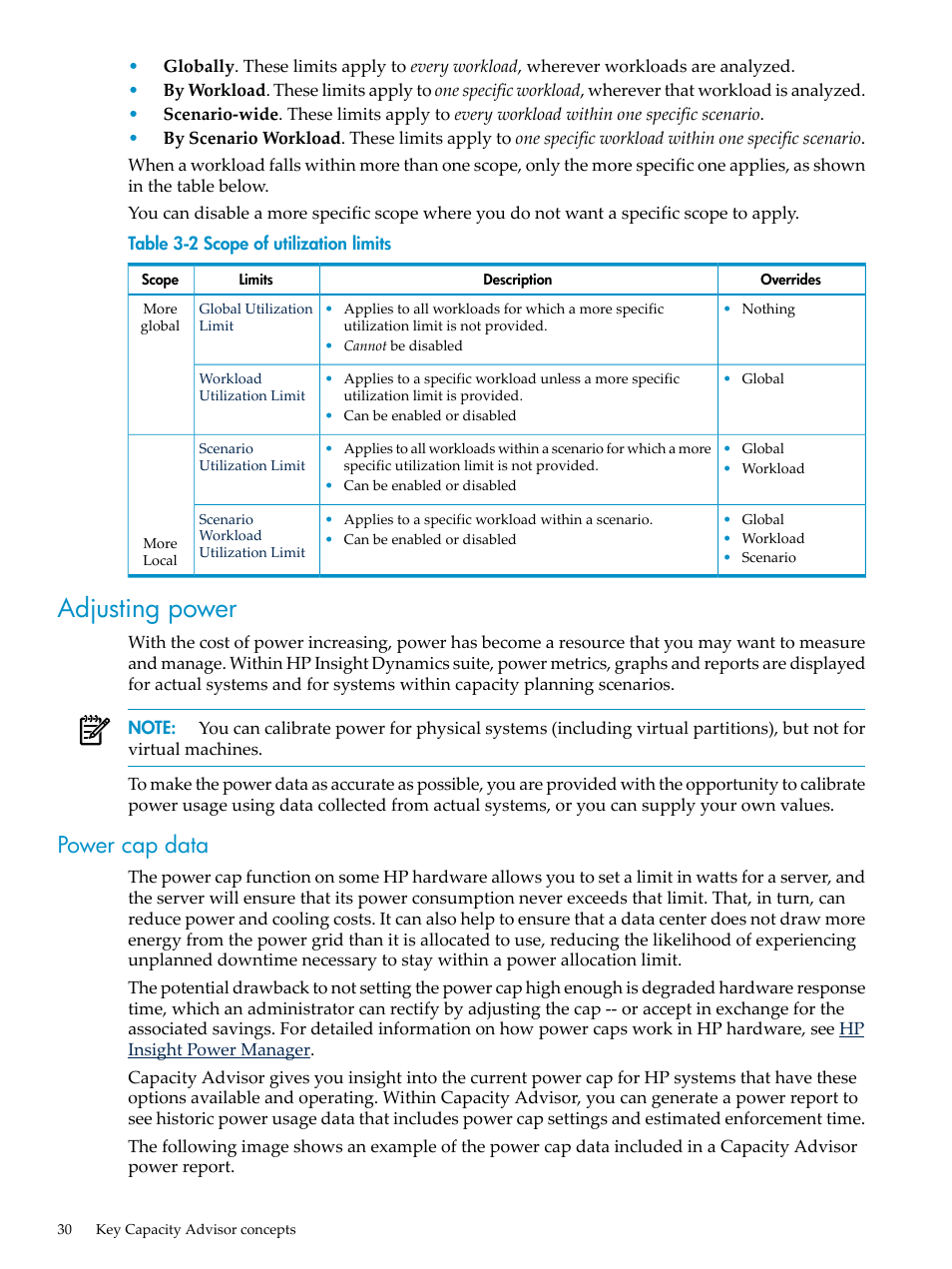 Adjusting power, Power cap data | HP Matrix Operating Environment Software User Manual | Page 30 / 198