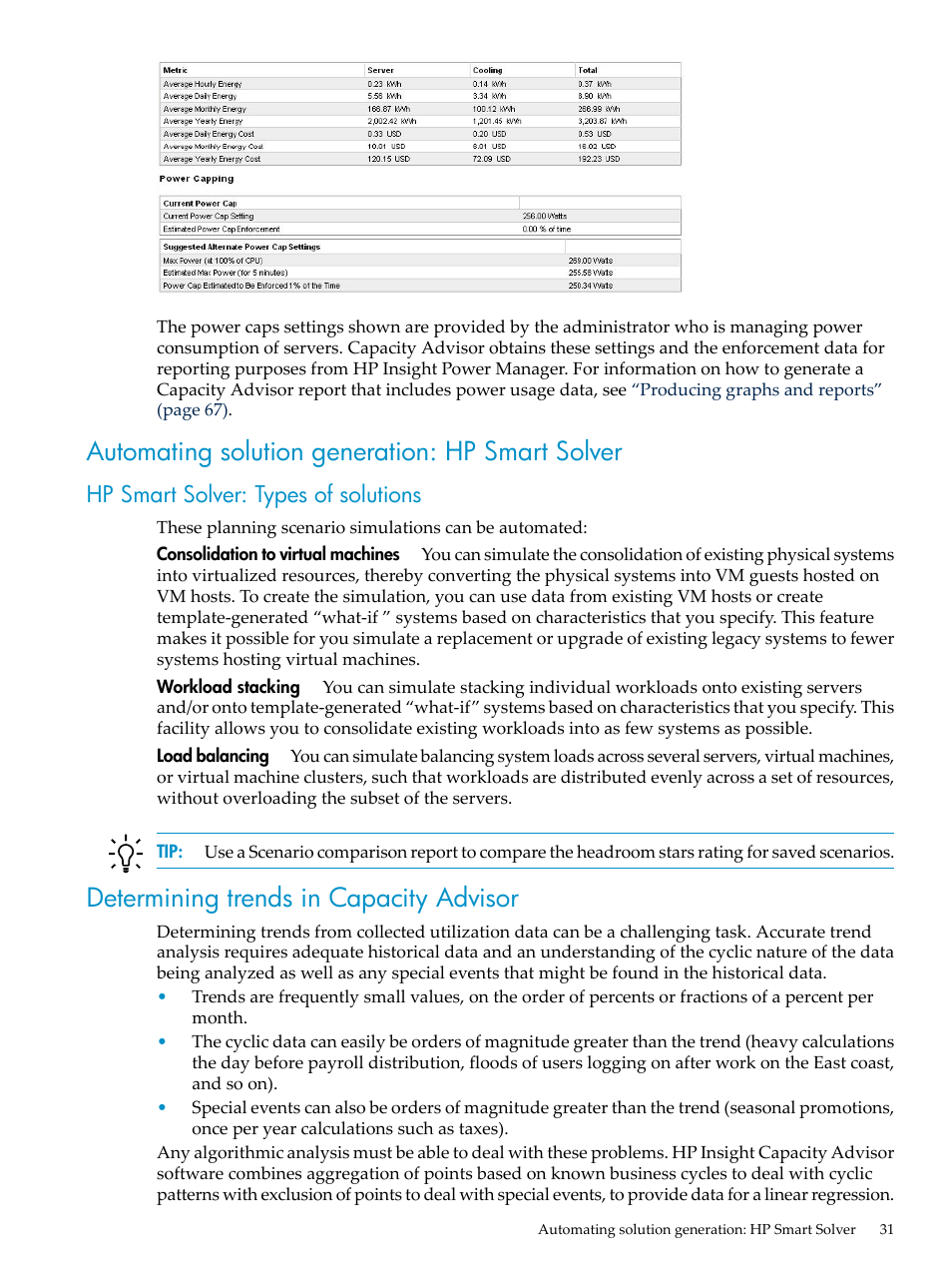 Automating solution generation: hp smart solver, Hp smart solver: types of solutions, Determining trends in capacity advisor | HP Matrix Operating Environment Software User Manual | Page 31 / 198