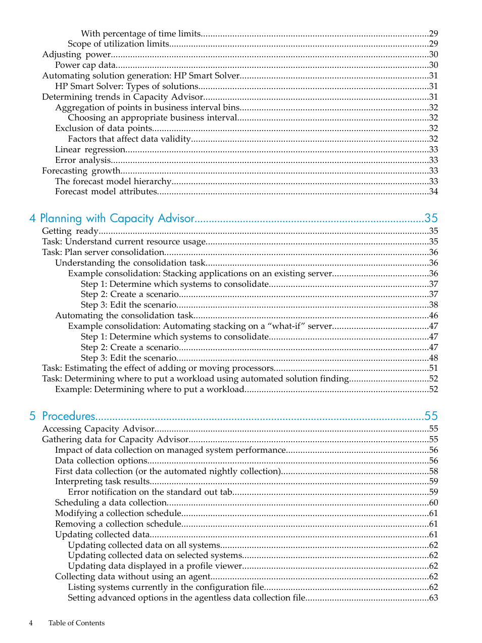 4 planning with capacity advisor, 5 procedures | HP Matrix Operating Environment Software User Manual | Page 4 / 198