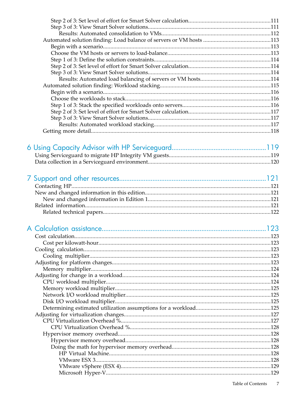 6 using capacity advisor with hp serviceguard, 7 support and other resources, A calculation assistance | HP Matrix Operating Environment Software User Manual | Page 7 / 198