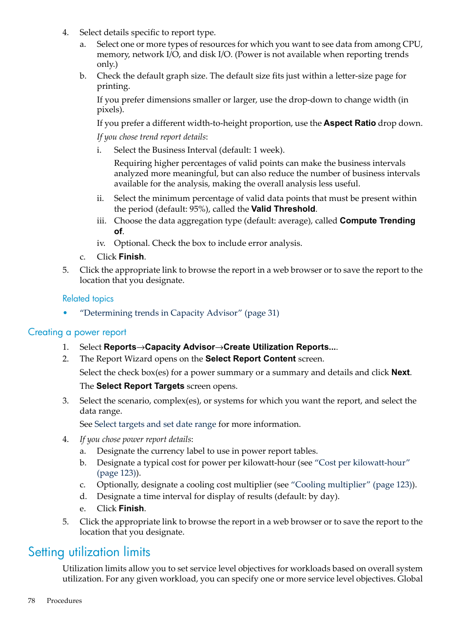 Creating a power report, Setting utilization limits, Power report | HP Matrix Operating Environment Software User Manual | Page 78 / 198