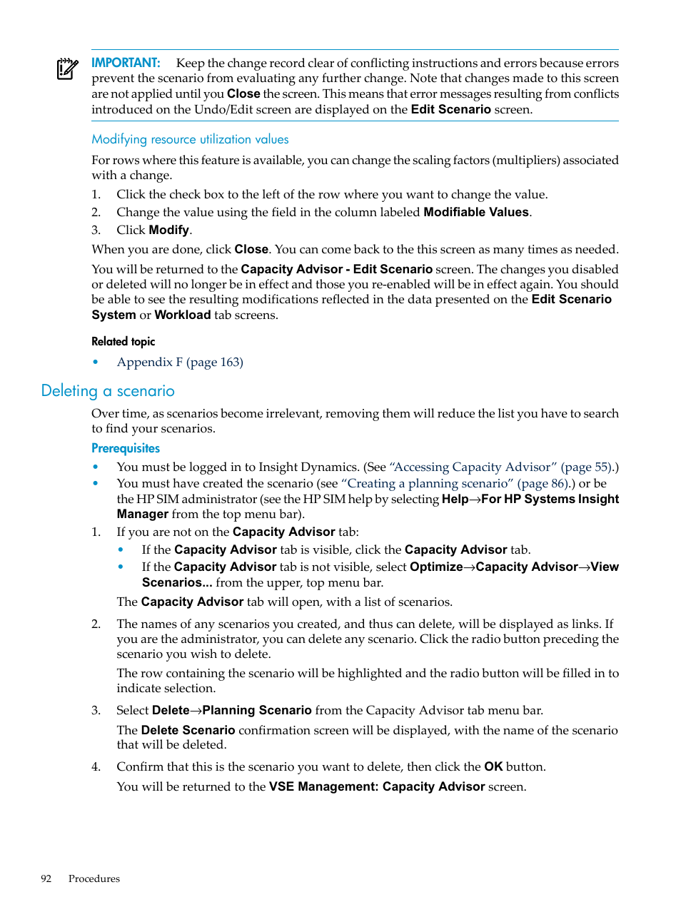 Modifying resource utilization values, Deleting a scenario | HP Matrix Operating Environment Software User Manual | Page 92 / 198