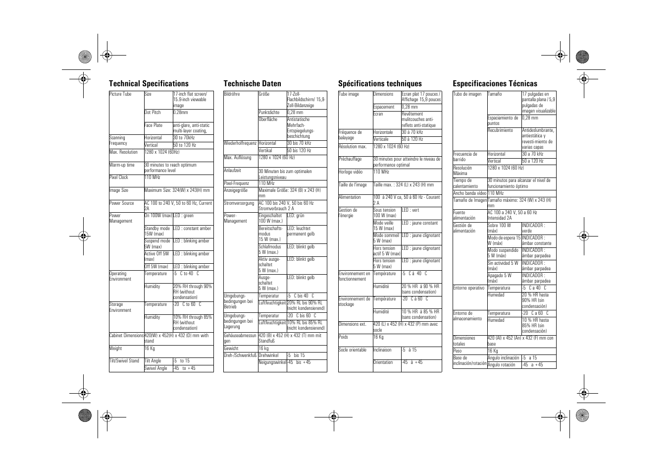 Especificaciones técnicas, Spécifications techniques, Technical specifications | Technische daten | HP 71 17 inch MPRII Monitor User Manual | Page 7 / 16