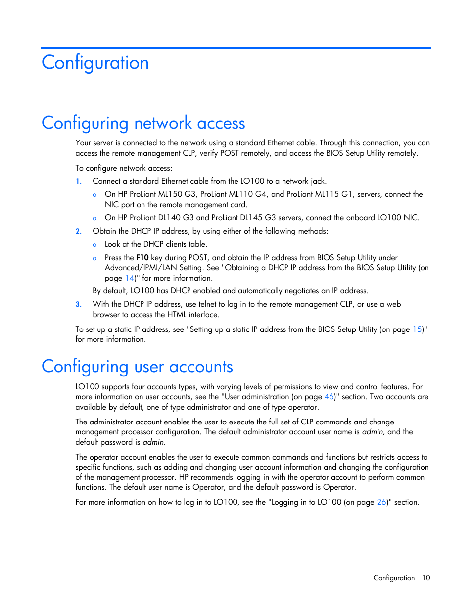 Configuration, Configuring network access, Configuring user accounts | HP ProLiant DL145 G3 Server User Manual | Page 10 / 63