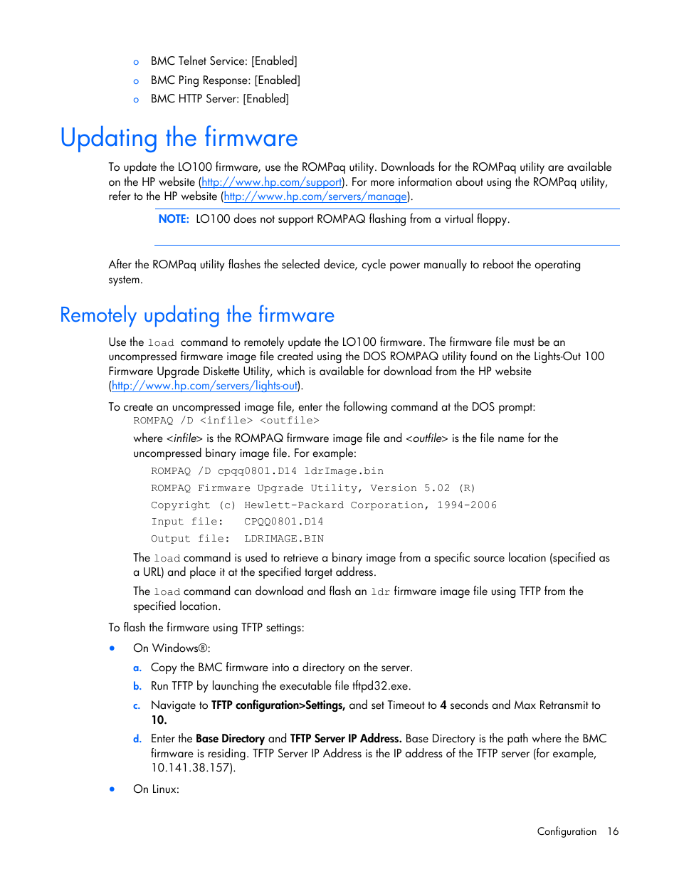 Updating the firmware, Remotely updating the firmware | HP ProLiant DL145 G3 Server User Manual | Page 16 / 63
