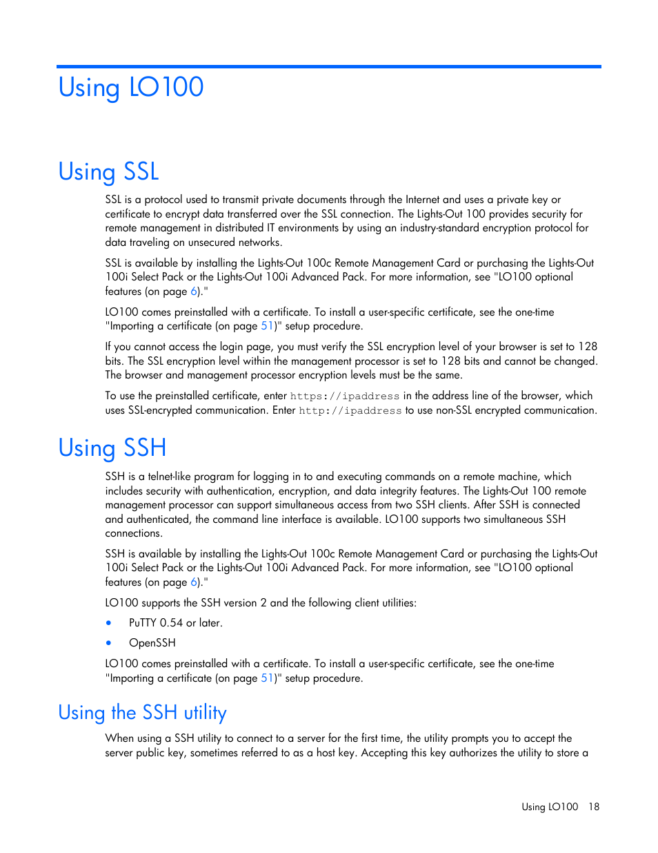 Using lo100, Using ssl, Using ssh | Using the ssh utility | HP ProLiant DL145 G3 Server User Manual | Page 18 / 63