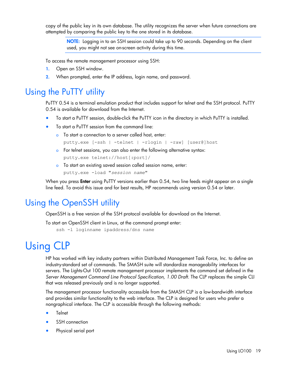 Using the putty utility, Using the openssh utility, Using clp | HP ProLiant DL145 G3 Server User Manual | Page 19 / 63