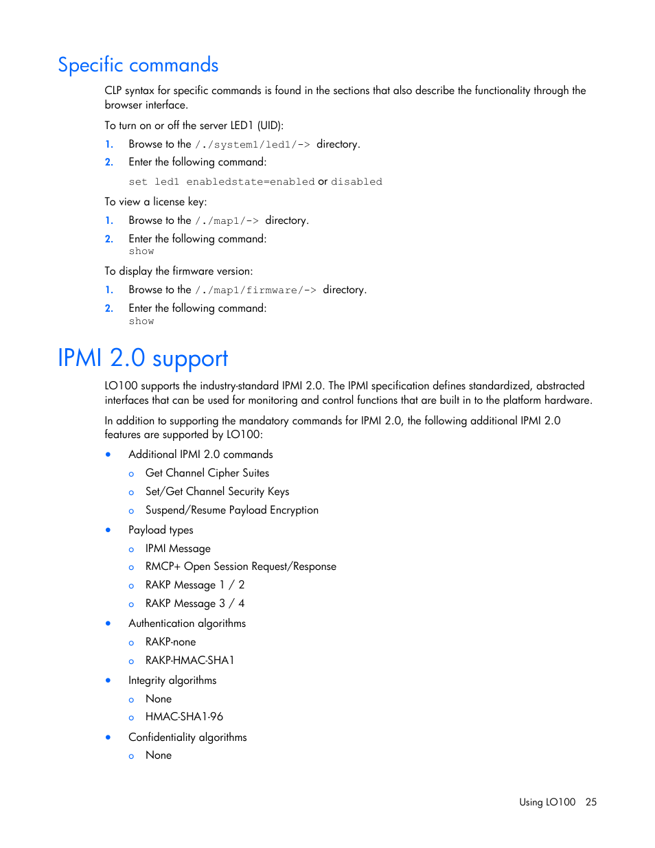 Specific commands, Ipmi 2.0 support | HP ProLiant DL145 G3 Server User Manual | Page 25 / 63
