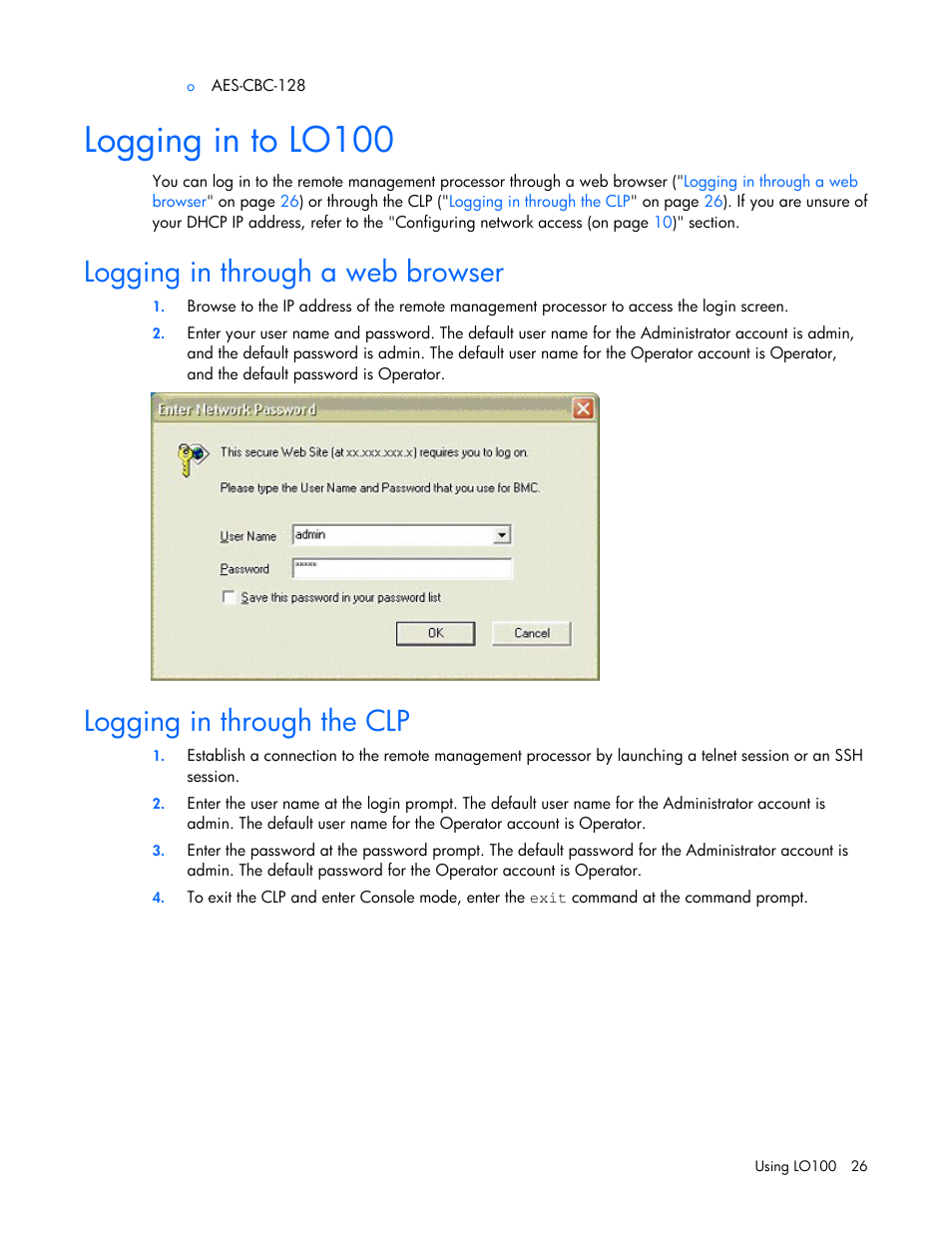 Logging in to lo100, Logging in through a web browser, Logging in through the clp | HP ProLiant DL145 G3 Server User Manual | Page 26 / 63