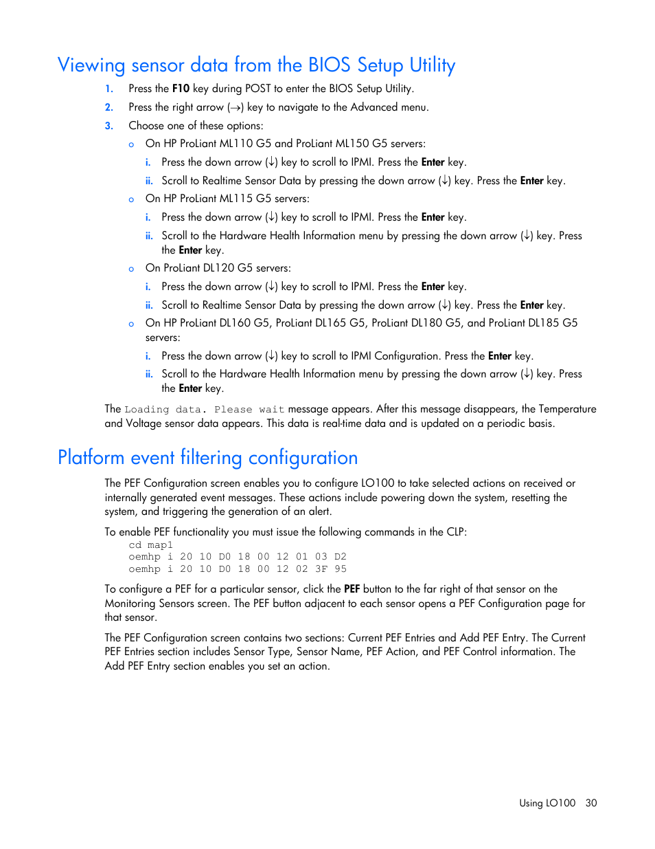 Viewing sensor data from the bios setup utility, Platform event filtering configuration | HP ProLiant DL145 G3 Server User Manual | Page 30 / 63