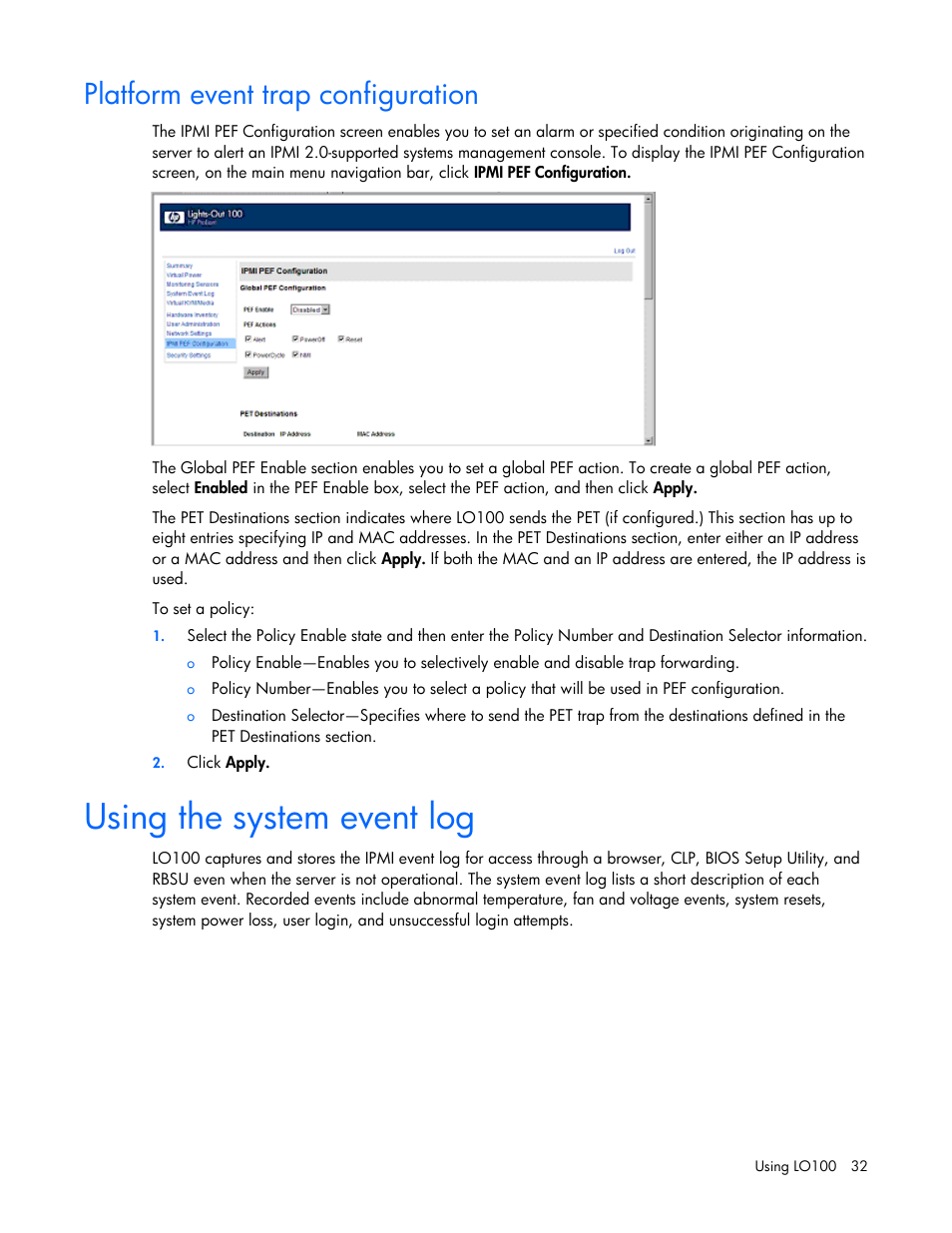 Platform event trap configuration, Using the system event log | HP ProLiant DL145 G3 Server User Manual | Page 32 / 63