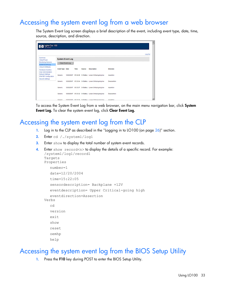 Accessing the system event log from a web browser, Accessing the system event log from the clp | HP ProLiant DL145 G3 Server User Manual | Page 33 / 63