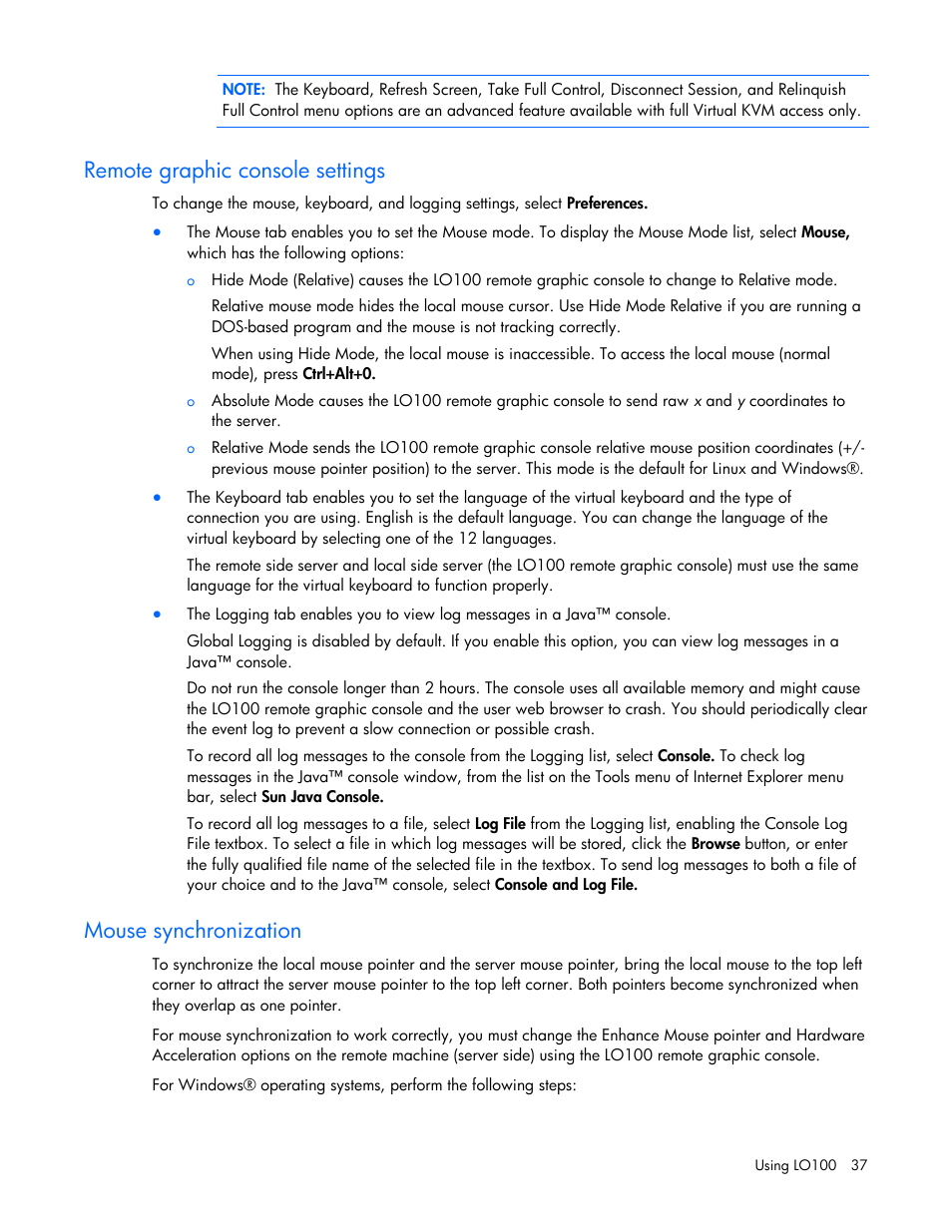 Remote graphic console settings, Mouse synchronization | HP ProLiant DL145 G3 Server User Manual | Page 37 / 63