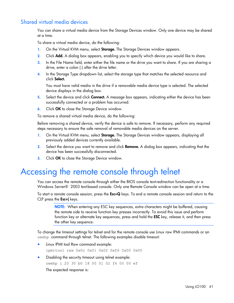 Shared virtual media devices, Accessing the remote console through telnet | HP ProLiant DL145 G3 Server User Manual | Page 41 / 63
