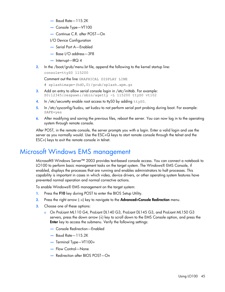 Microsoft windows ems management | HP ProLiant DL145 G3 Server User Manual | Page 45 / 63