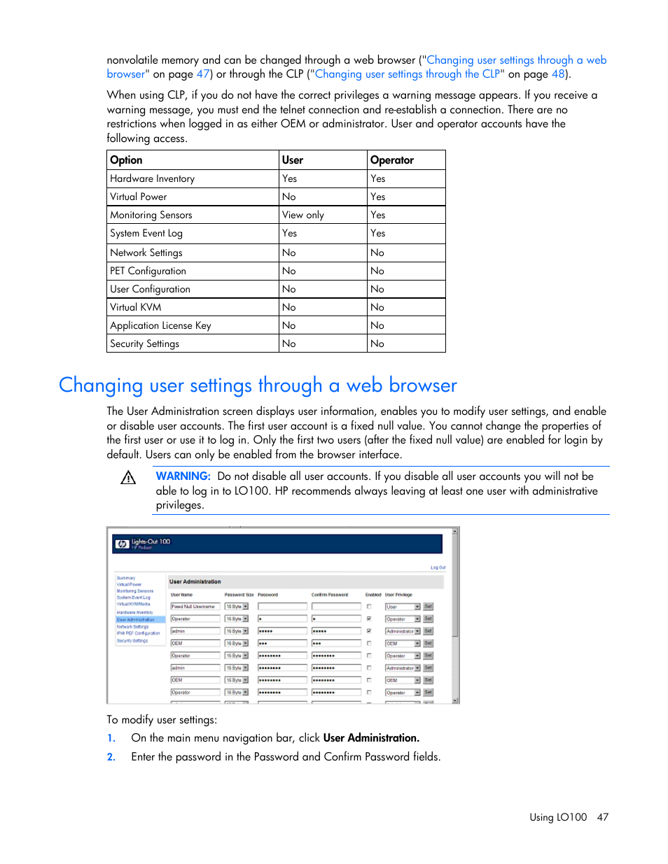 Changing user settings through a web browser | HP ProLiant DL145 G3 Server User Manual | Page 47 / 63
