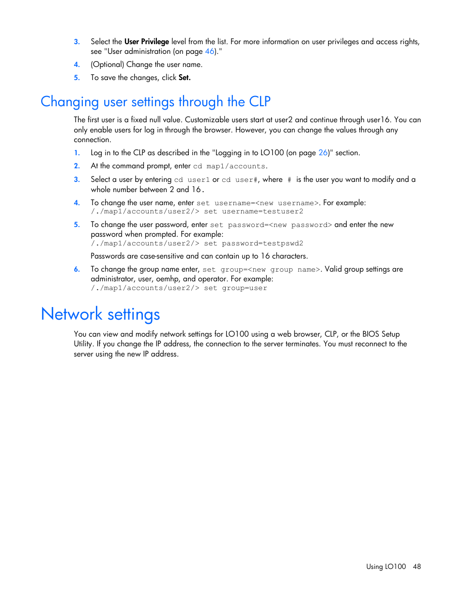 Changing user settings through the clp, Network settings, For more i | Sect, Rough the clp | HP ProLiant DL145 G3 Server User Manual | Page 48 / 63