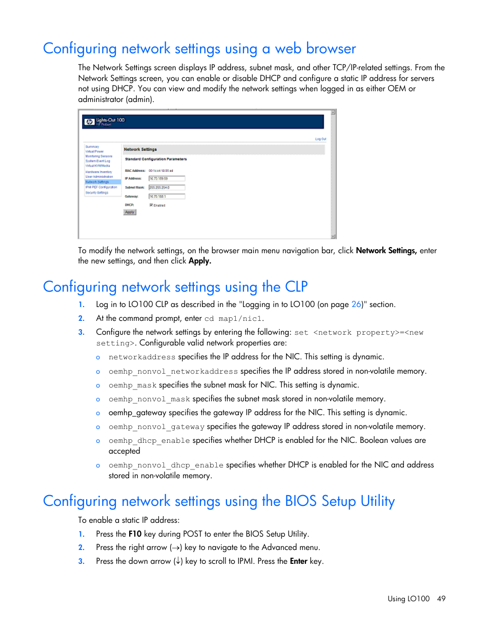 Configuring network settings using a web browser, Configuring network settings using the clp | HP ProLiant DL145 G3 Server User Manual | Page 49 / 63