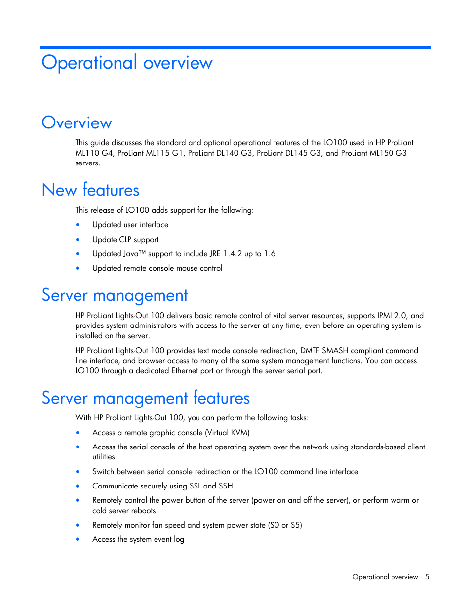 Operational overview, Overview, New features | Server management, Server management features | HP ProLiant DL145 G3 Server User Manual | Page 5 / 63