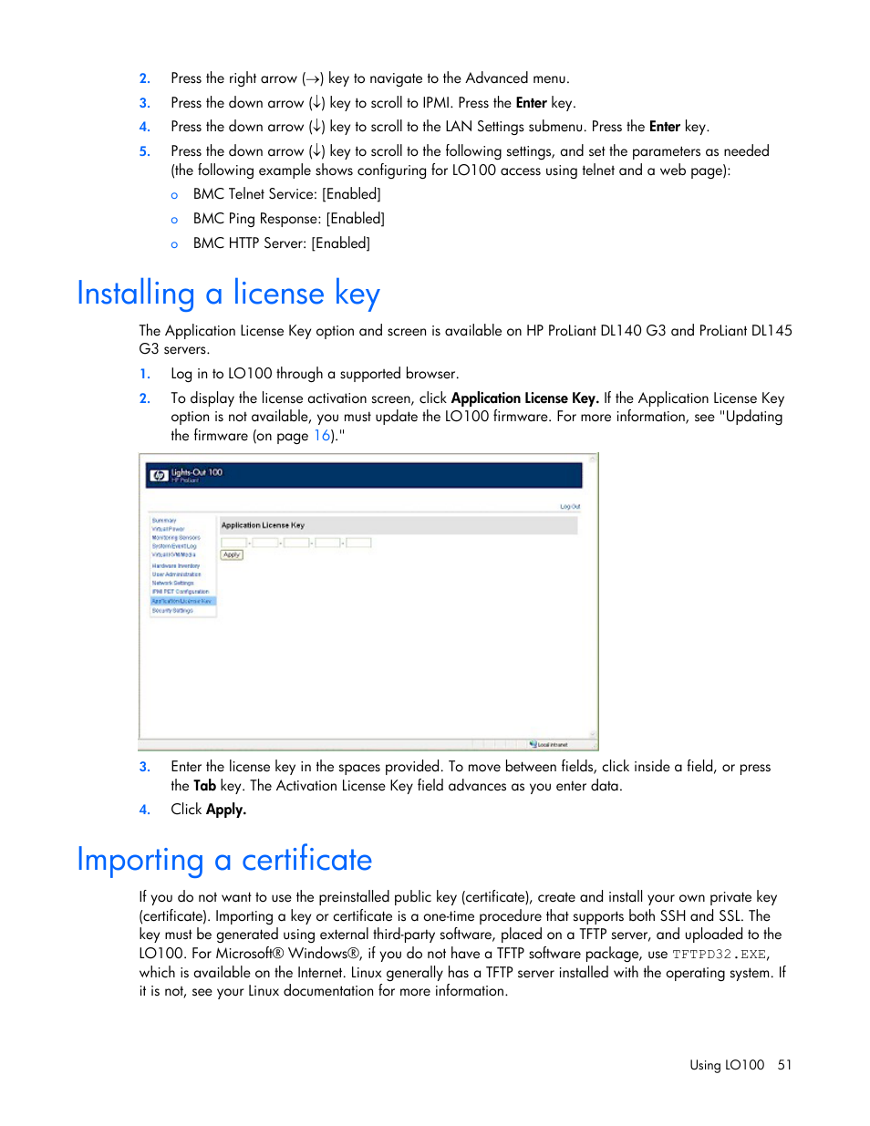 Installing a license key, Importing a certificate, Setu | HP ProLiant DL145 G3 Server User Manual | Page 51 / 63