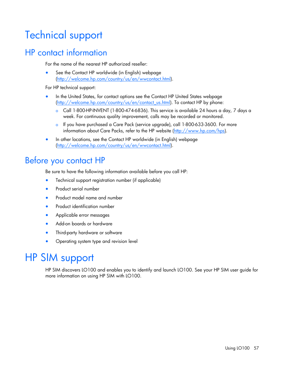 Technical support, Hp contact information, Before you contact hp | Hp sim support | HP ProLiant DL145 G3 Server User Manual | Page 57 / 63
