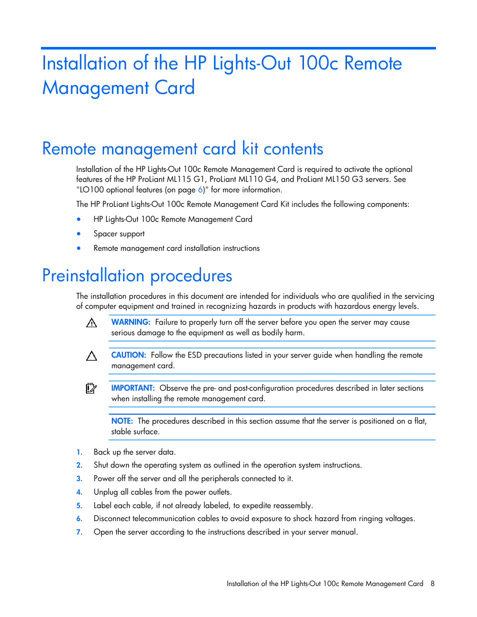 Remote management card kit contents, Preinstallation procedures | HP ProLiant DL145 G3 Server User Manual | Page 8 / 63