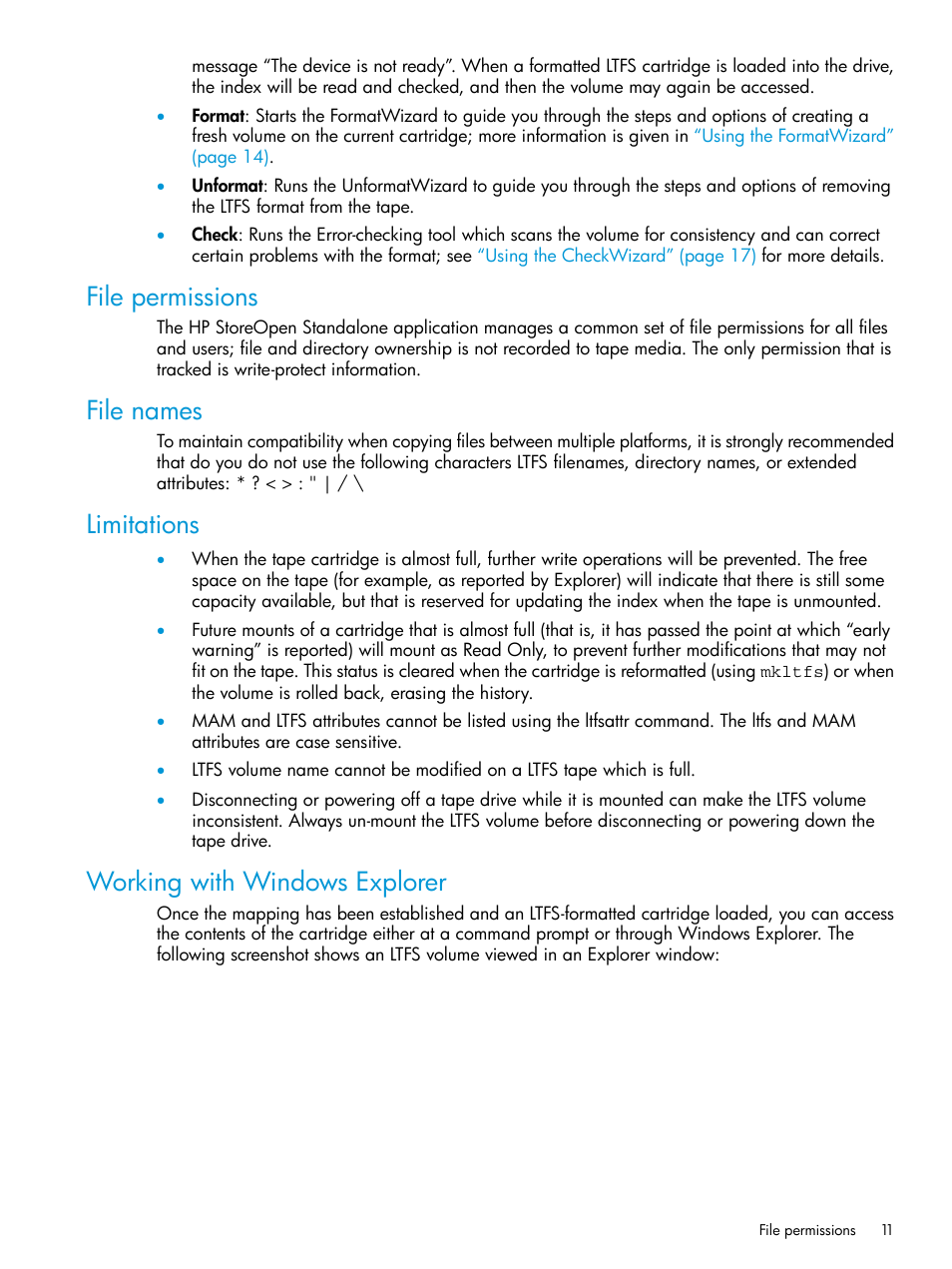 File permissions, File names, Limitations | Working with windows explorer | HP StoreEver Ultrium Tape Drives User Manual | Page 11 / 28