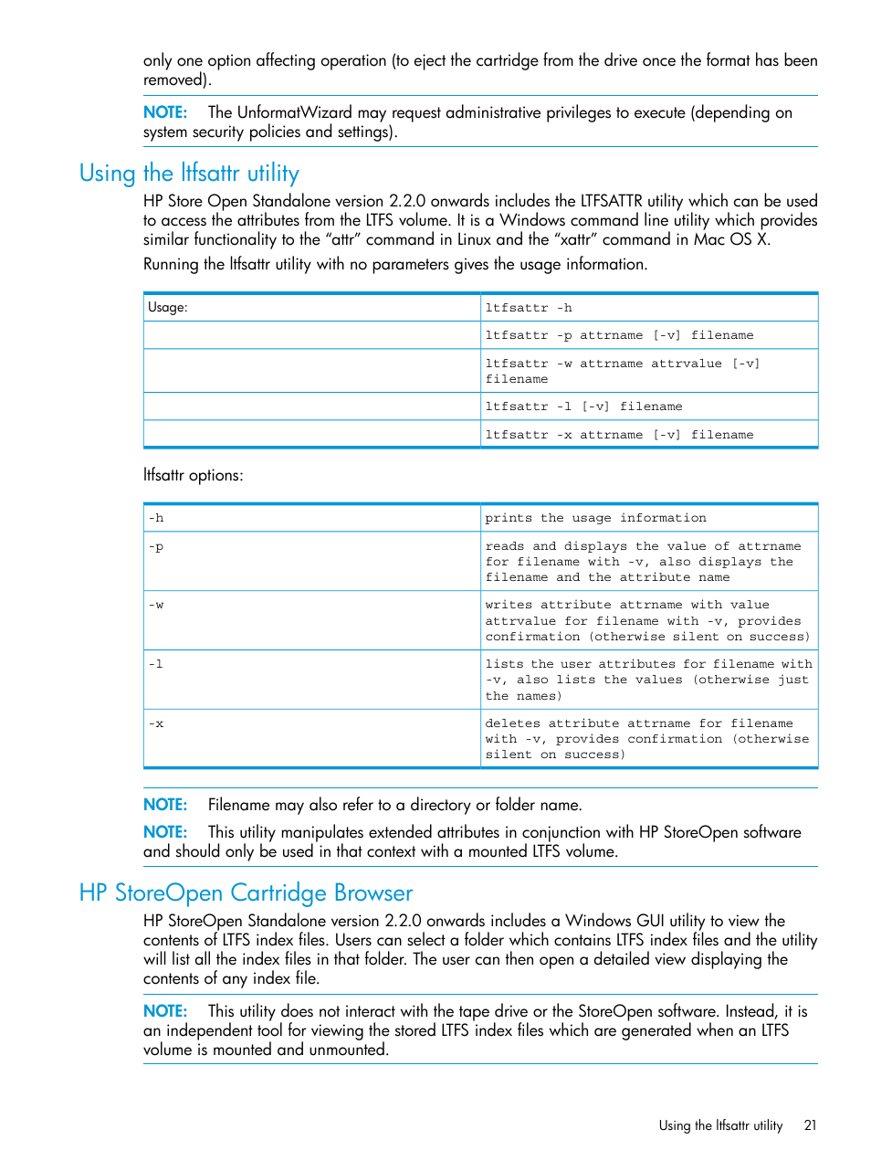 Using the ltfsattr utility, Hp storeopen cartridge browser | HP StoreEver Ultrium Tape Drives User Manual | Page 21 / 28