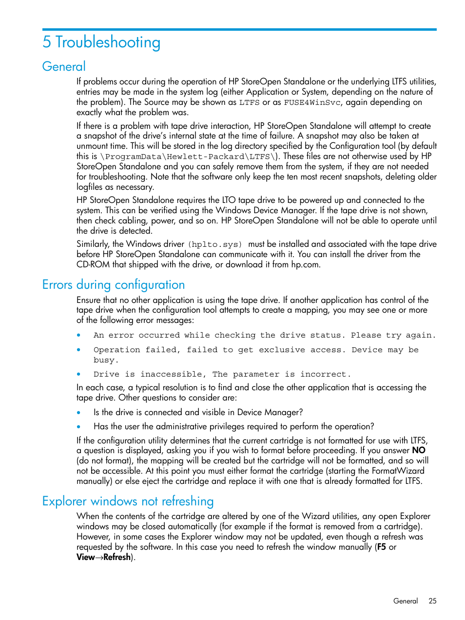 5 troubleshooting, General, Errors during configuration | Explorer windows not refreshing | HP StoreEver Ultrium Tape Drives User Manual | Page 25 / 28