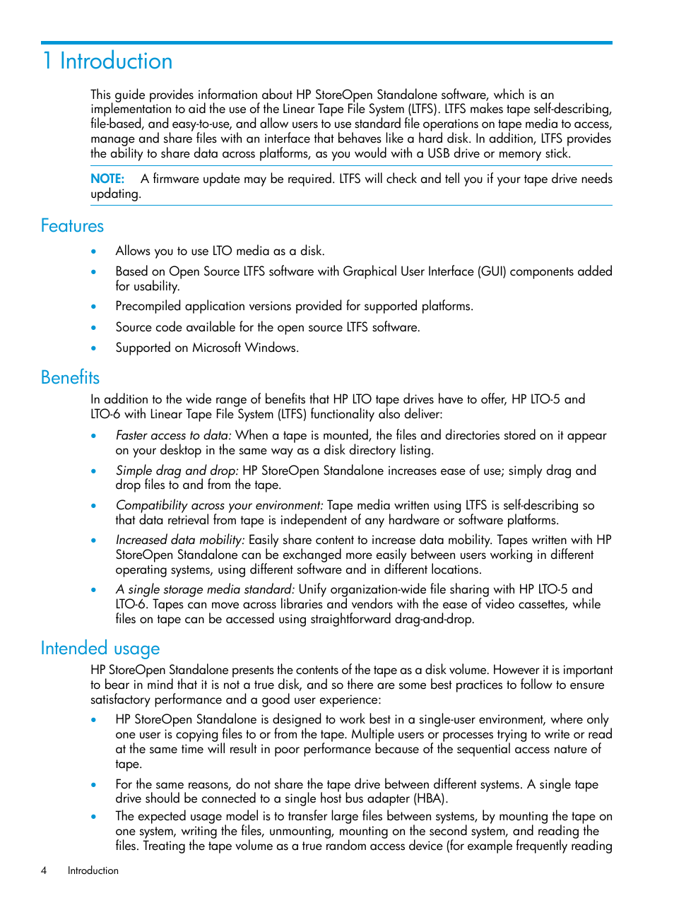 1 introduction, Features, Benefits | Intended usage, Features benefits intended usage | HP StoreEver Ultrium Tape Drives User Manual | Page 4 / 28