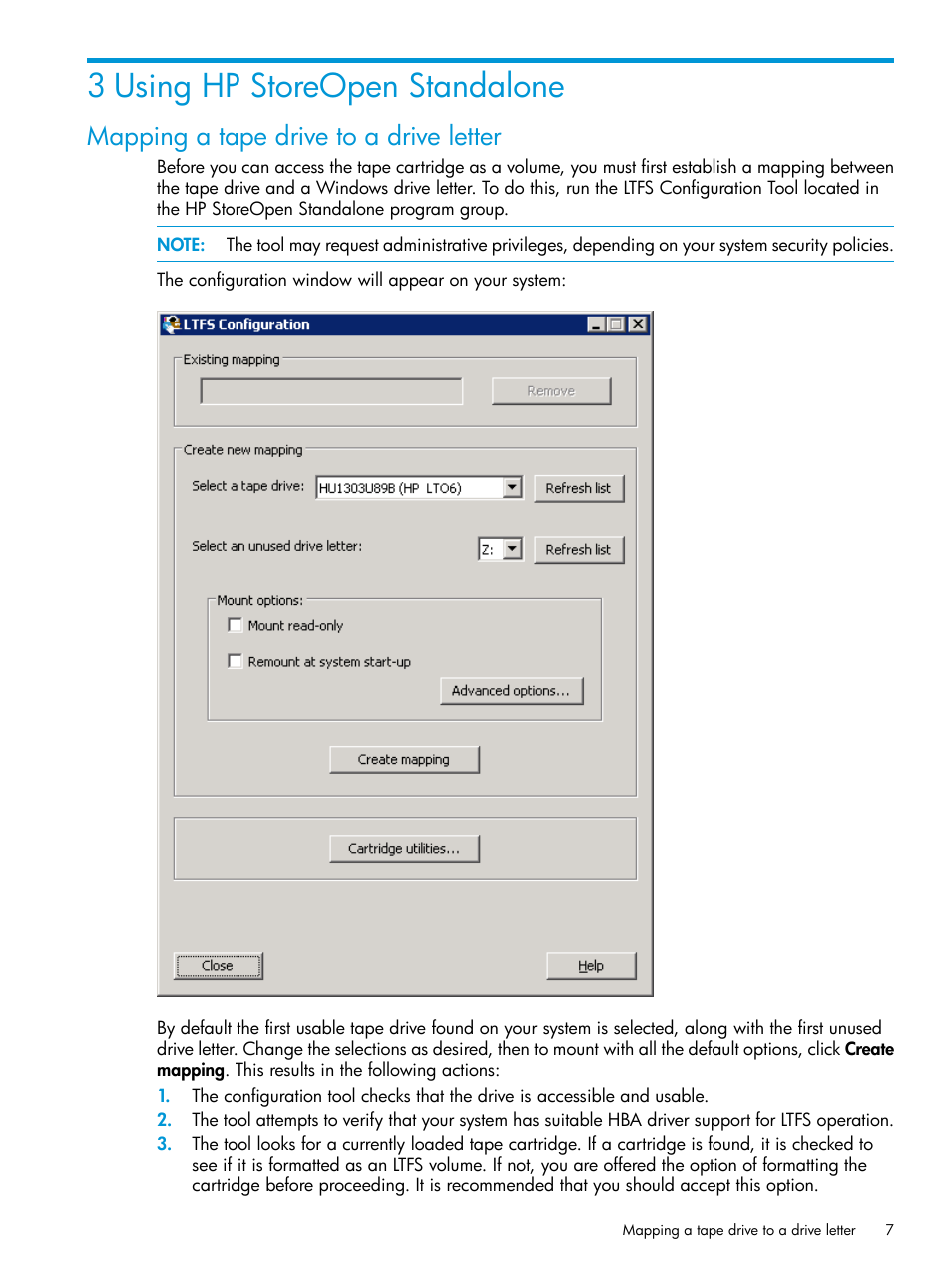 3 using hp storeopen standalone, Mapping a tape drive to a drive letter | HP StoreEver Ultrium Tape Drives User Manual | Page 7 / 28