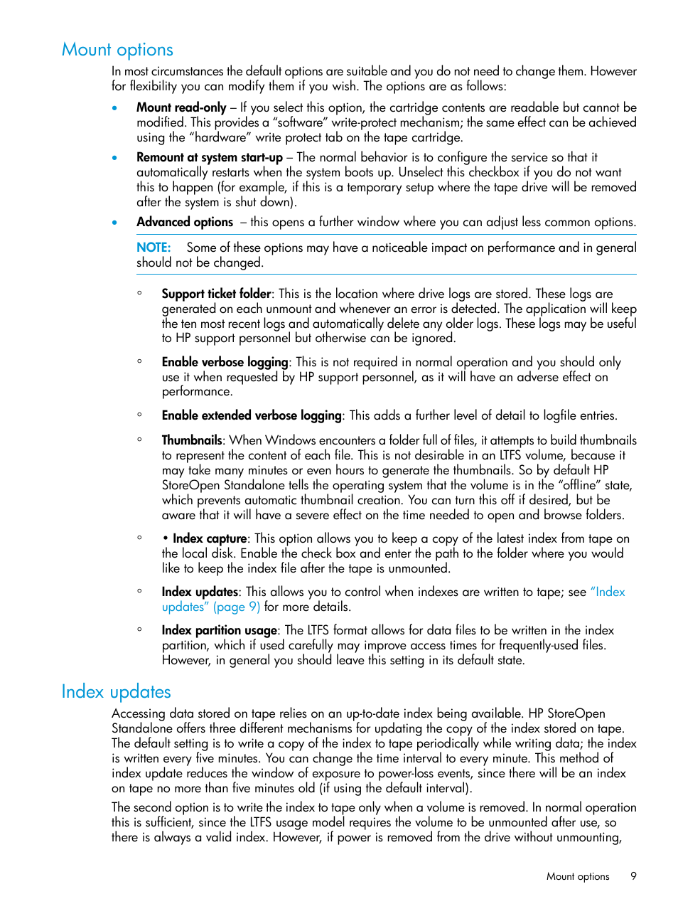 Mount options, Index updates, Mount options index updates | HP StoreEver Ultrium Tape Drives User Manual | Page 9 / 28