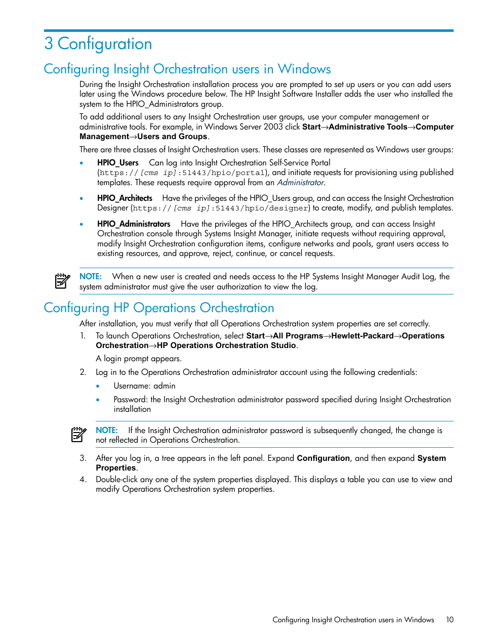 3 configuration, Configuring insight orchestration users in windows, Configuring hp operations orchestration | HP Matrix Operating Environment Software User Manual | Page 10 / 97