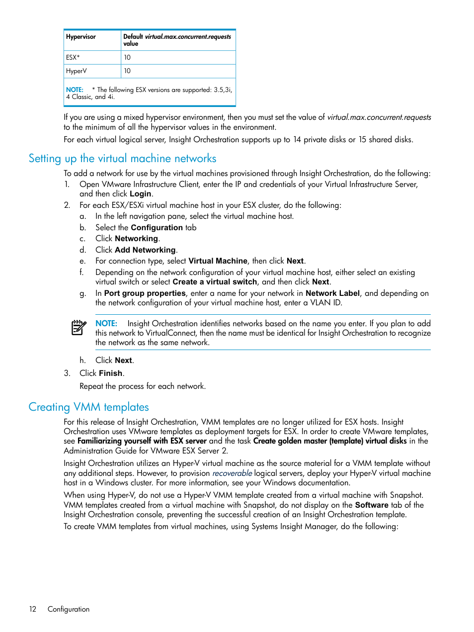 Setting up the virtual machine networks, Creating vmm templates | HP Matrix Operating Environment Software User Manual | Page 12 / 97