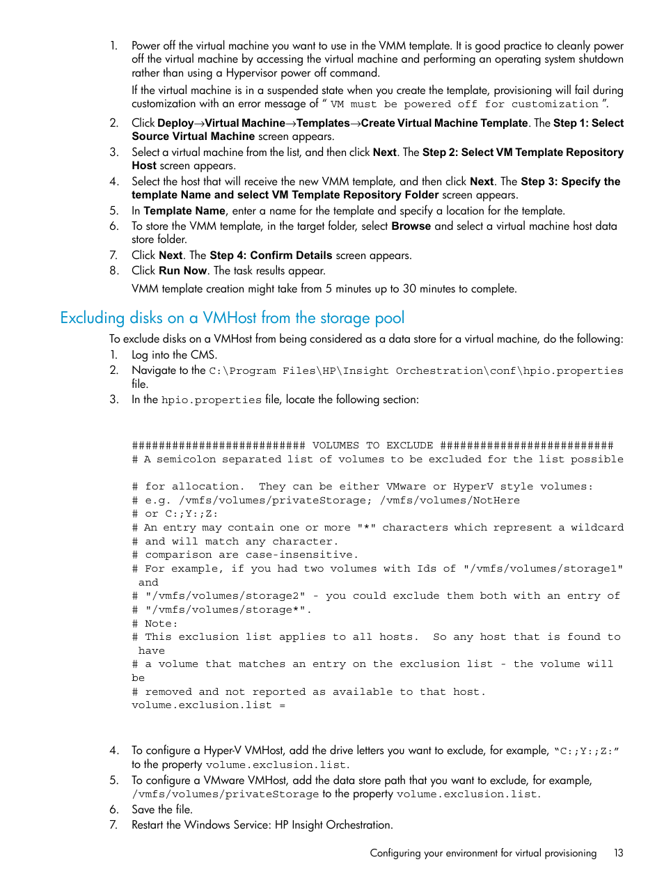 Excluding disks on a vmhost from the storage pool | HP Matrix Operating Environment Software User Manual | Page 13 / 97