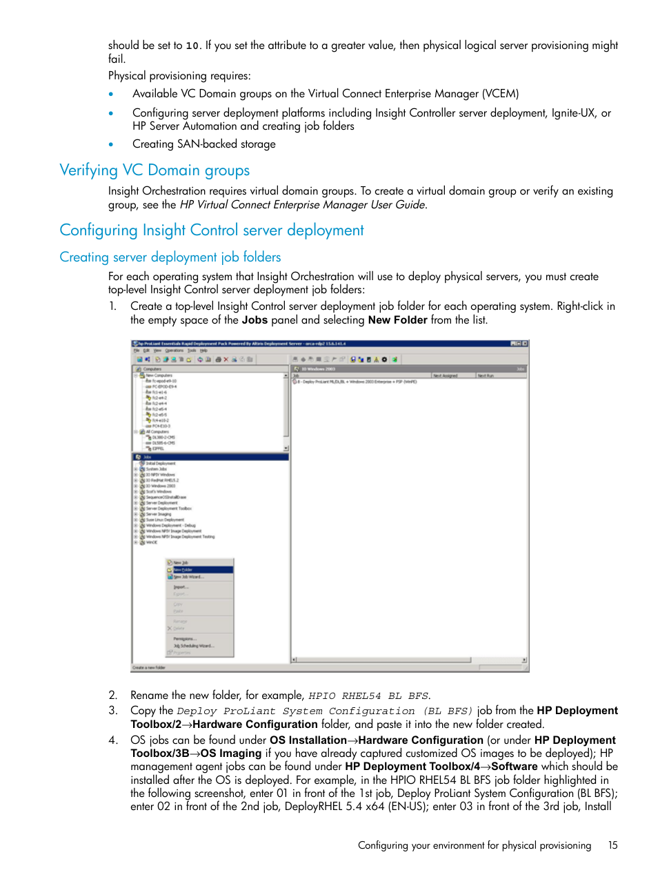 Verifying vc domain groups, Configuring insight control server deployment, Creating server deployment job folders | HP Matrix Operating Environment Software User Manual | Page 15 / 97