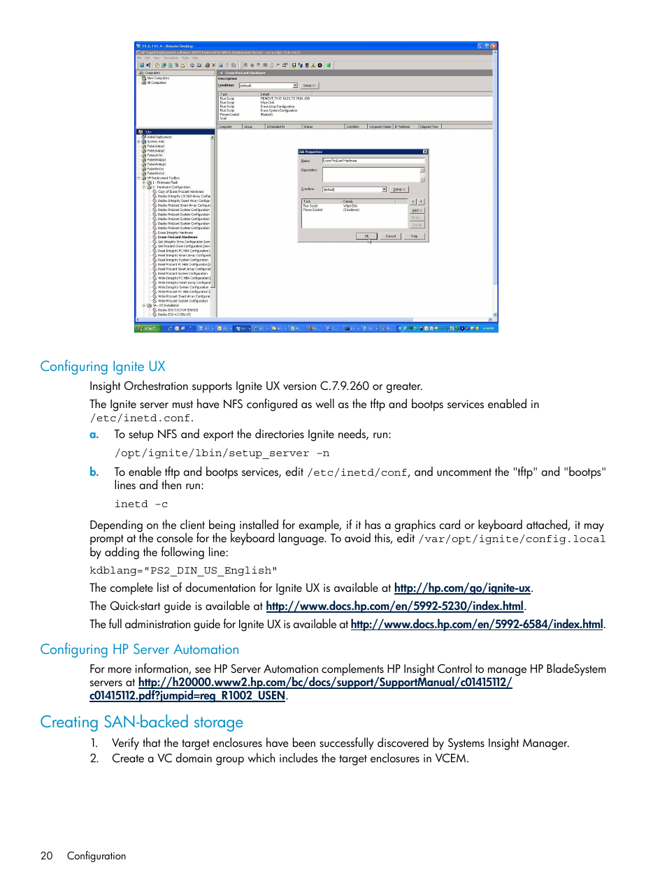 Configuring ignite ux, Configuring hp server automation, Creating san-backed storage | HP Matrix Operating Environment Software User Manual | Page 20 / 97