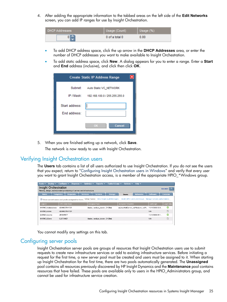 Verifying insight orchestration users, Configuring server pools | HP Matrix Operating Environment Software User Manual | Page 25 / 97