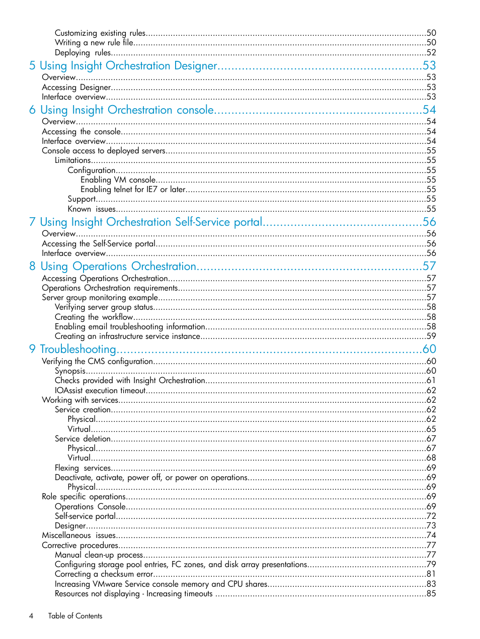 5 using insight orchestration designer, 6 using insight orchestration console, 7 using insight orchestration self-service portal | 8 using operations orchestration, 9 troubleshooting | HP Matrix Operating Environment Software User Manual | Page 4 / 97