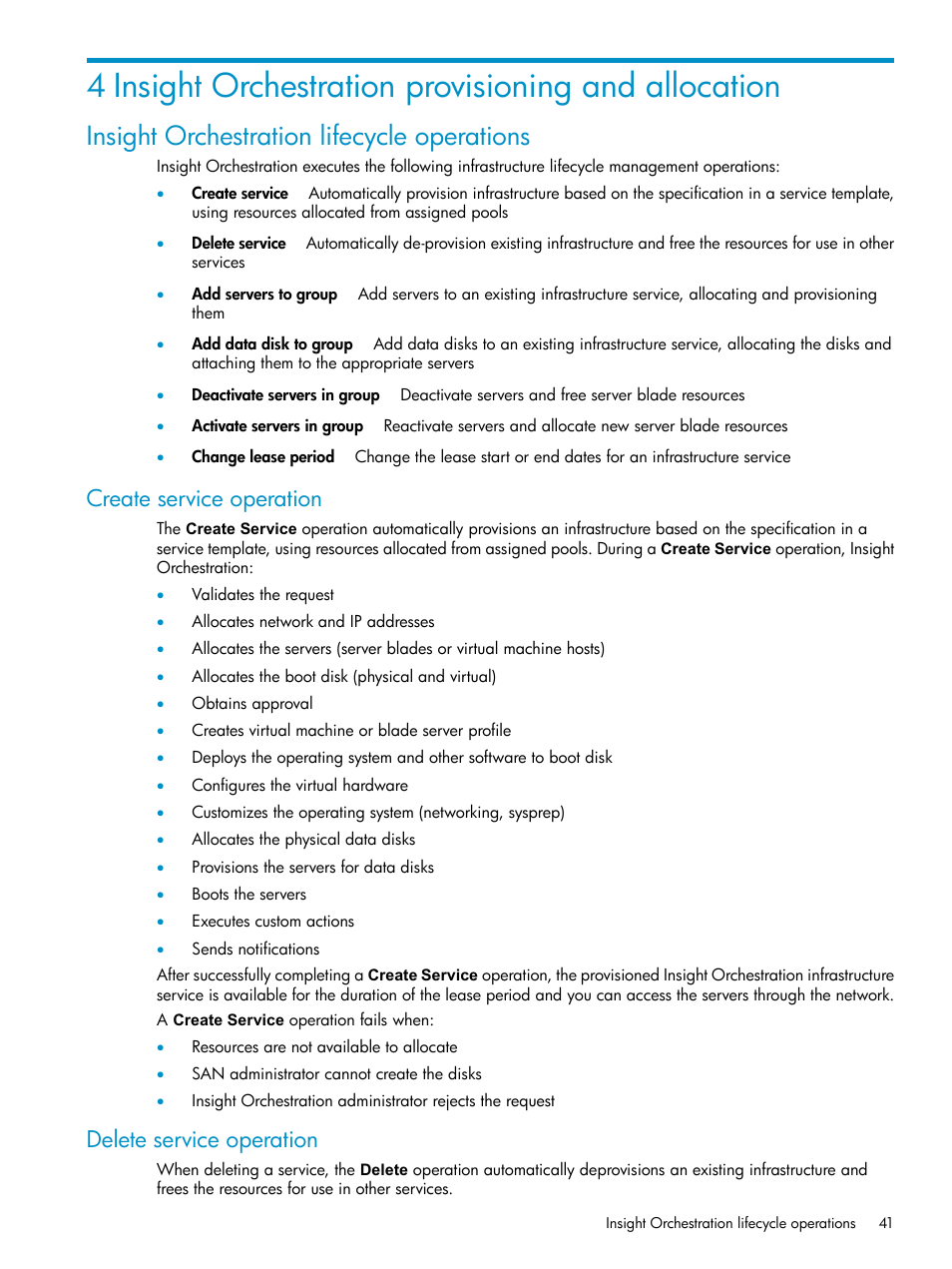 Insight orchestration lifecycle operations, Create service operation, Delete service operation | Create service operation delete service operation | HP Matrix Operating Environment Software User Manual | Page 41 / 97