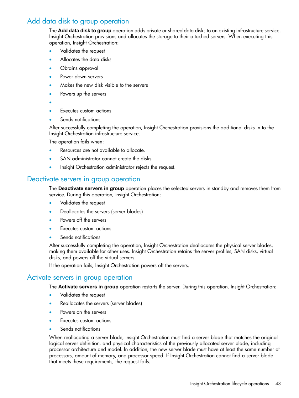 Add data disk to group operation, Deactivate servers in group operation, Activate servers in group operation | HP Matrix Operating Environment Software User Manual | Page 43 / 97