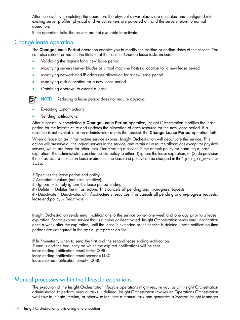 Change lease operation, Manual processes within the lifecycle operations | HP Matrix Operating Environment Software User Manual | Page 44 / 97