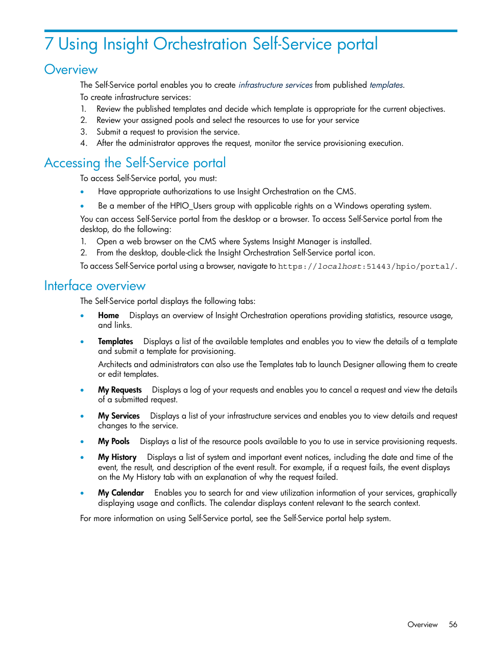 7 using insight orchestration self-service portal, Overview, Accessing the self-service portal | Interface overview | HP Matrix Operating Environment Software User Manual | Page 56 / 97