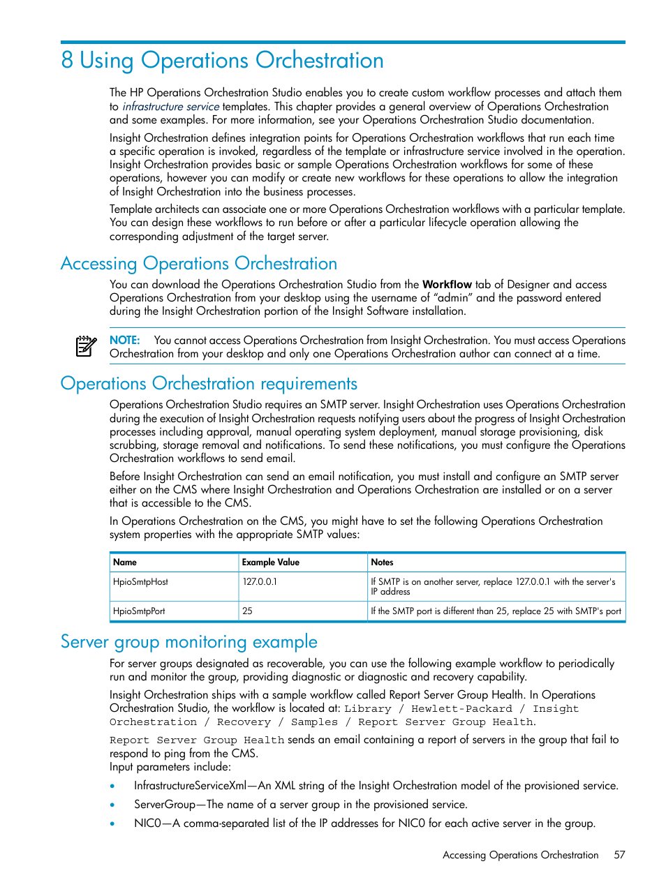 8 using operations orchestration, Accessing operations orchestration, Operations orchestration requirements | Server group monitoring example | HP Matrix Operating Environment Software User Manual | Page 57 / 97