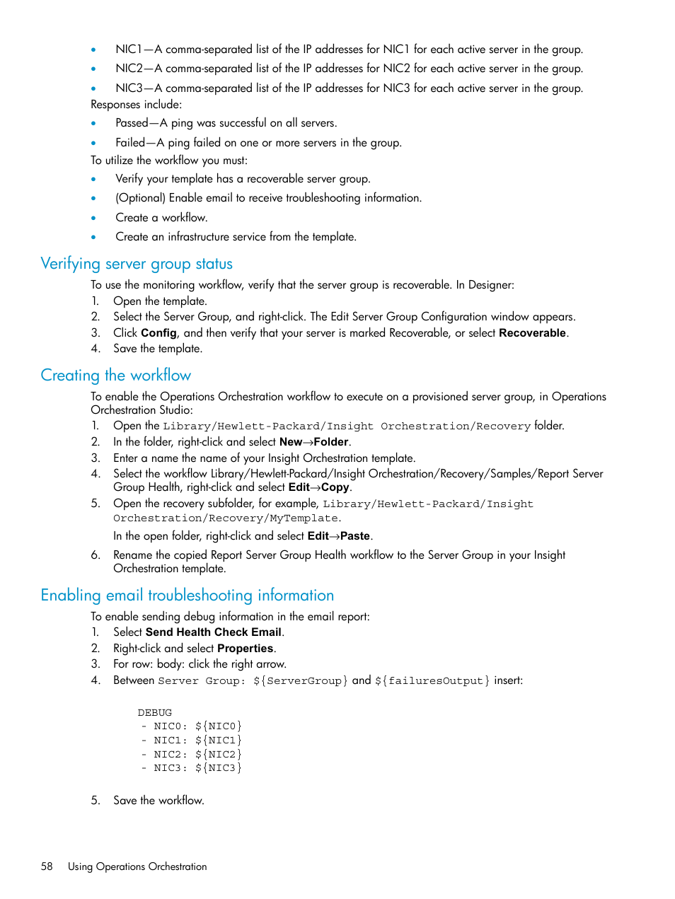 Verifying server group status, Creating the workflow, Enabling email troubleshooting information | HP Matrix Operating Environment Software User Manual | Page 58 / 97