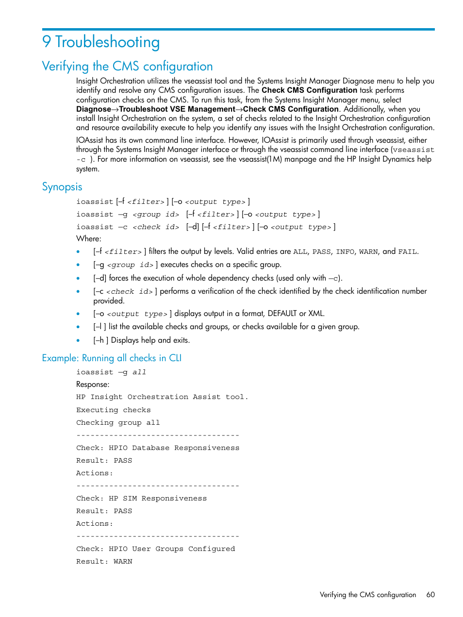 9 troubleshooting, Verifying the cms configuration, Synopsis | HP Matrix Operating Environment Software User Manual | Page 60 / 97