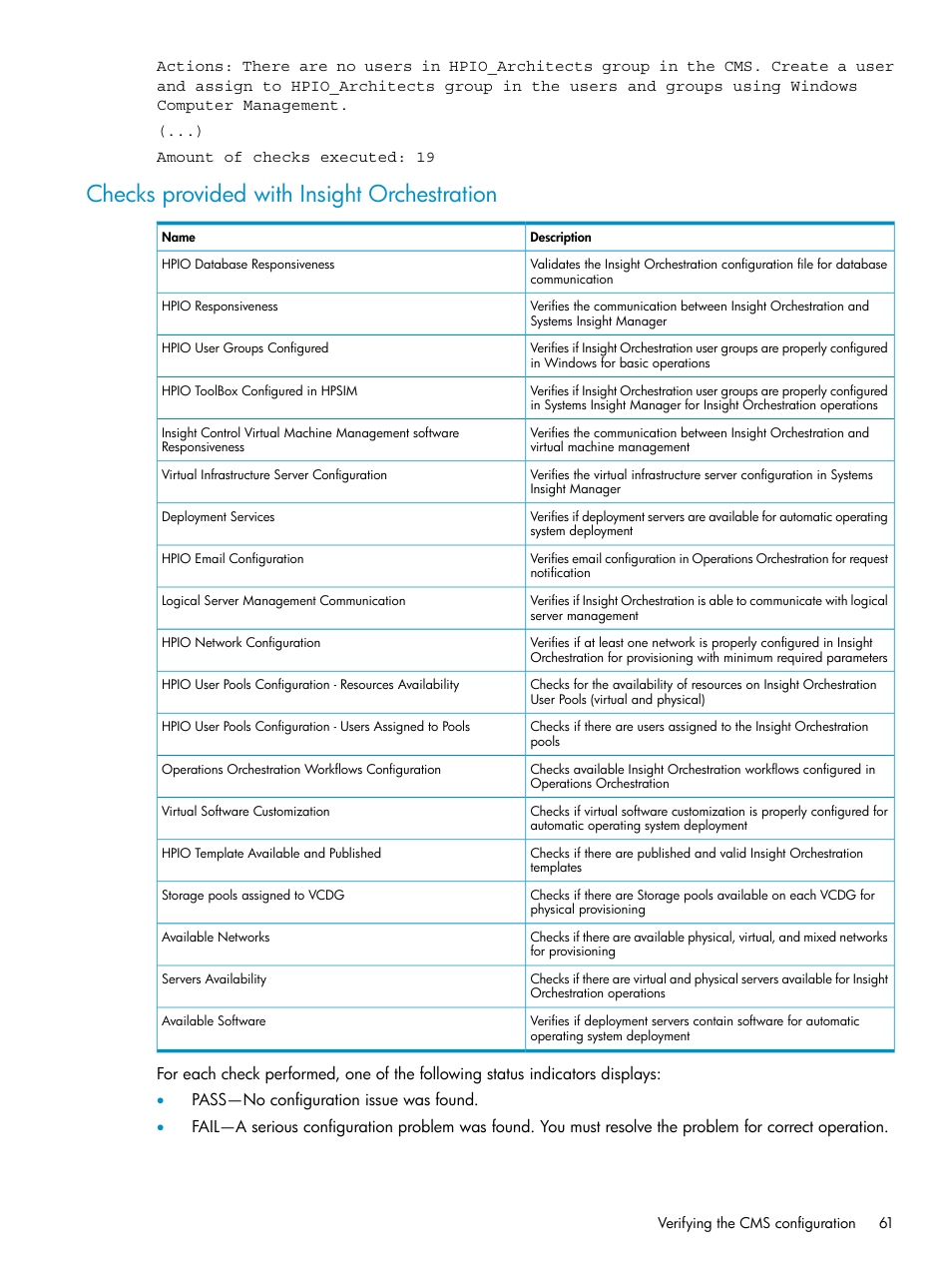 Checks provided with insight orchestration | HP Matrix Operating Environment Software User Manual | Page 61 / 97