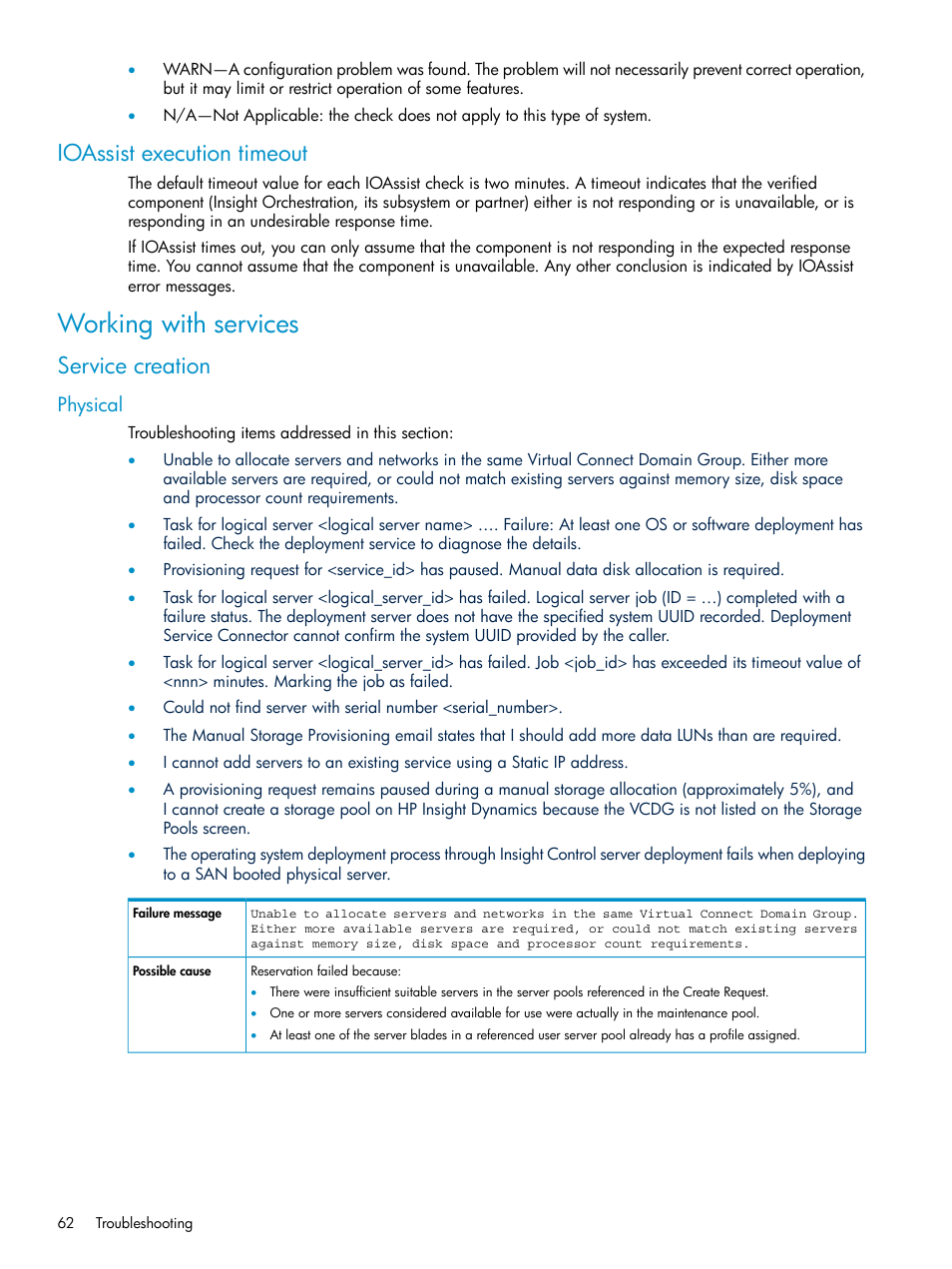 Ioassist execution timeout, Working with services, Service creation | Physical | HP Matrix Operating Environment Software User Manual | Page 62 / 97